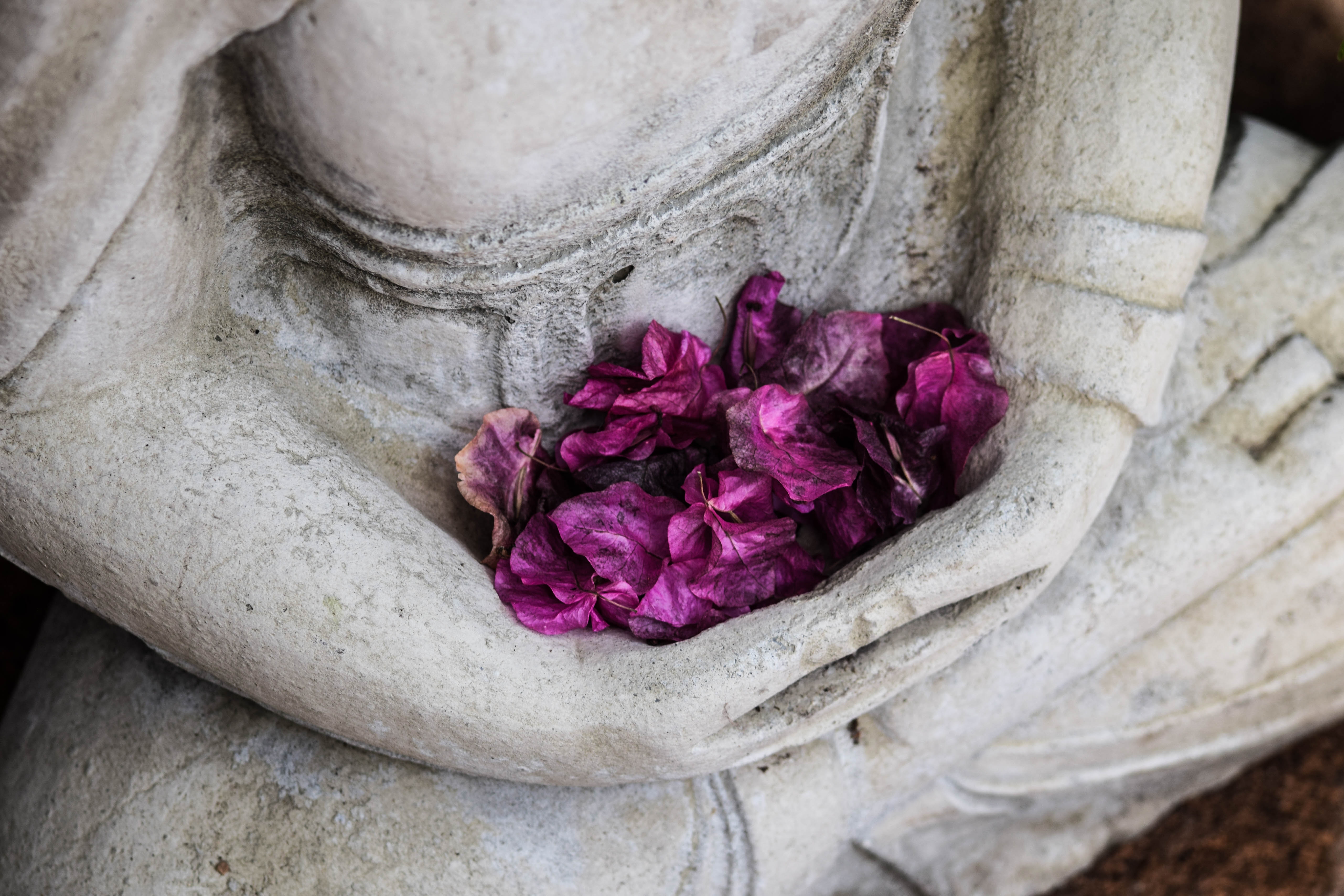 Statue holding magenta flowers