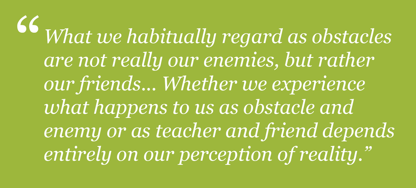 What we habitually regard as obstacles are not really our enemies, but rather our friends.. Whether we experience what appens to us as obstacle and enemy or as teach and friend depends entirely on our perception of reality.