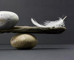 Feather and stone balanced on driftwood over a rock, symbolizing emotional balance, conflict resolution, and staying calm around difficult people.