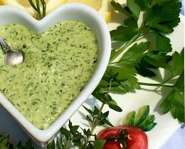 Green Goddess Dressing in a heart-shaped bowl