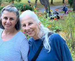 Theresa, left to right, Paula, and Mary Simon enjoy the gardens at Omega during their annual visits.