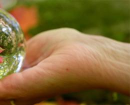 Hand holding a glass sphere reflecting an autumn leaf, symbolizing perception, consciousness, and holistic healing.