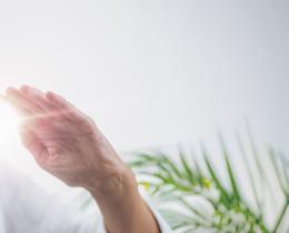 Woman practicing energy healing and mindfulness meditation with glowing light between hands symbolizing holistic wellness.