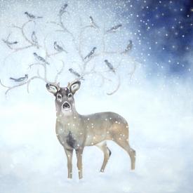 Lois Guarino painting of a stag in snow with birds in antlers