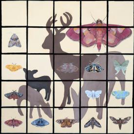 Lois Guarino painting, multiple squares with deer and moths