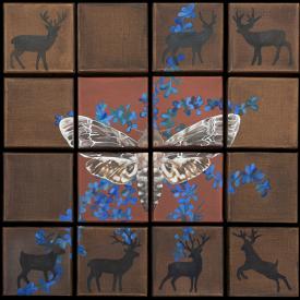Lois Guarino painting of multiple squares of moth and dear with blue details