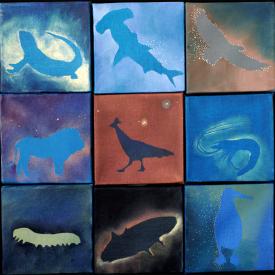 Lois Guarino painting, 9 squares each with a different microscopic or macroscopic animal