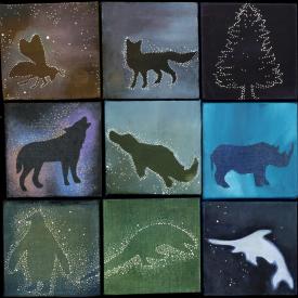 Lois Guarino painting, 9 squares, each with a different living thing