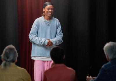 Person telling a story in a workshop