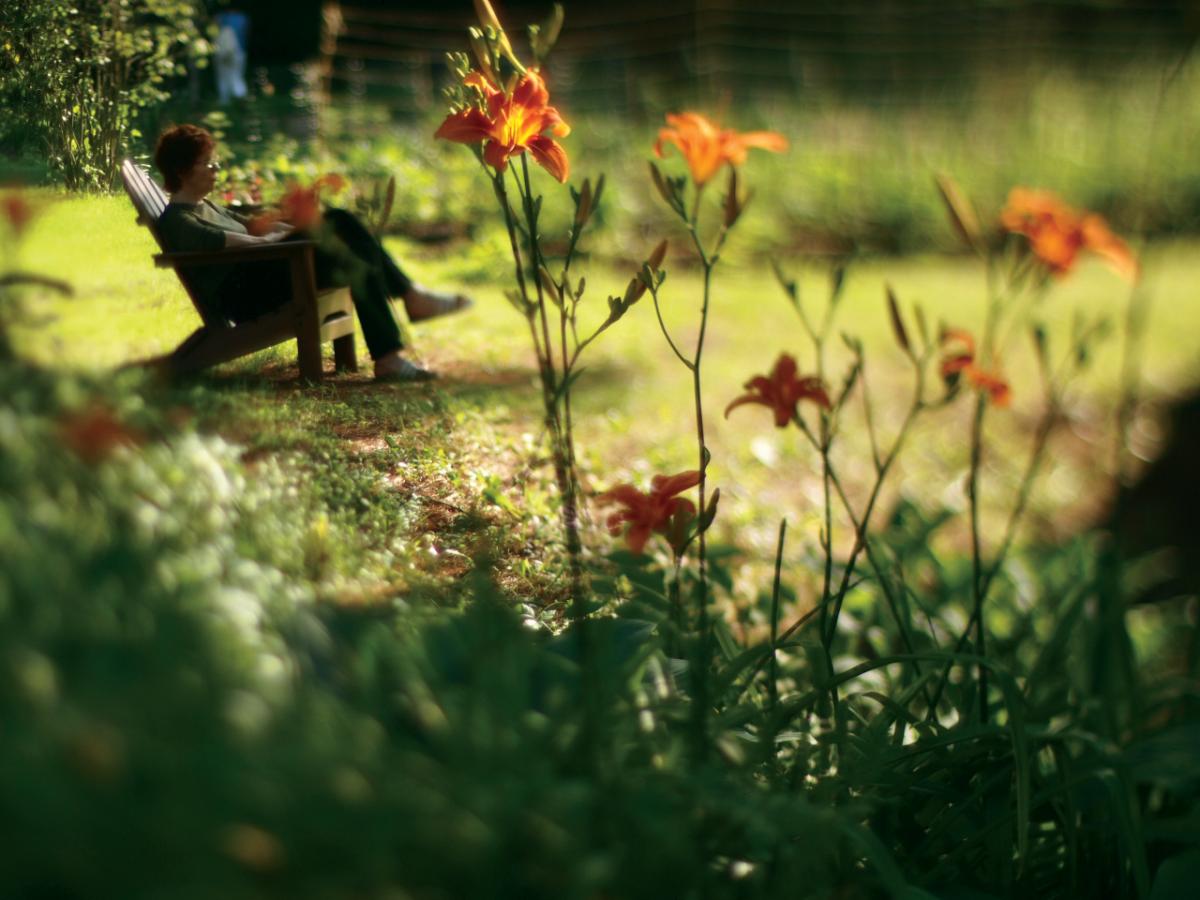 Person enjoying an Adirondack chair in the garden