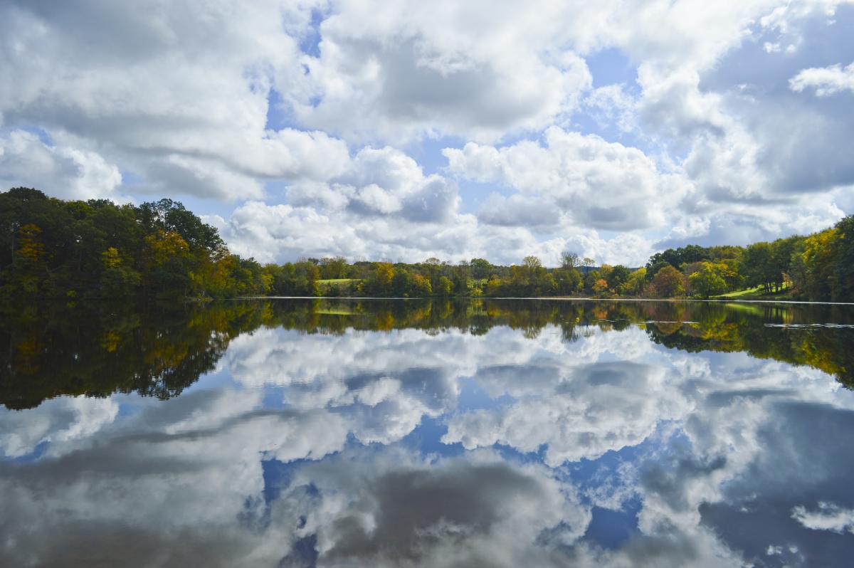 Cloudy sky reflecting on calm lake