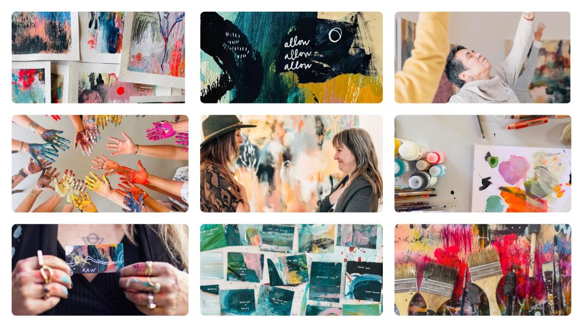 Collage of photos from Flora Bowley's painting workshops