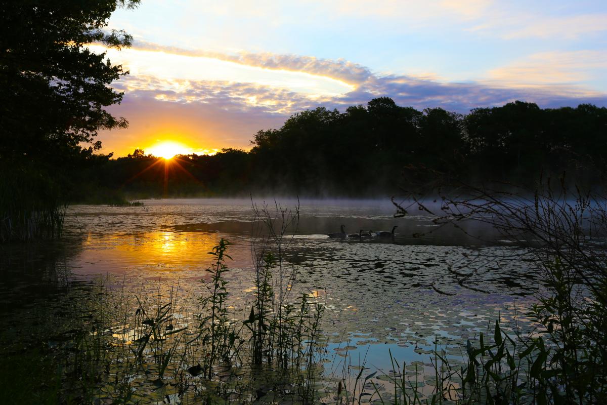 Sun sets over lake