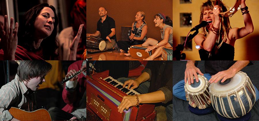 Collage of six photos of kirtan performance