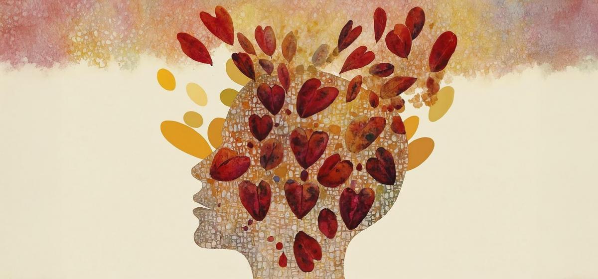 Illustration of head with hearts around it