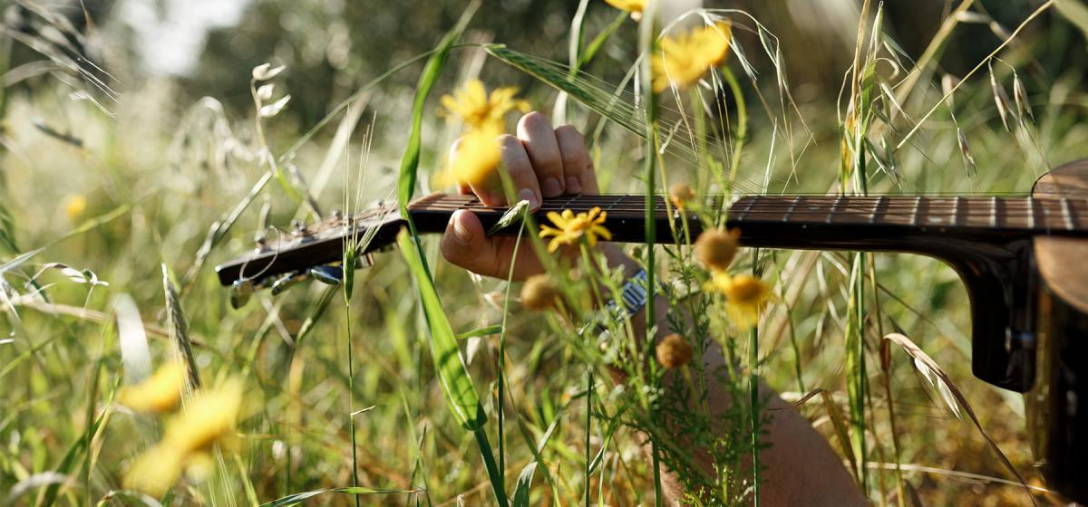 Person playing a guitar in a field