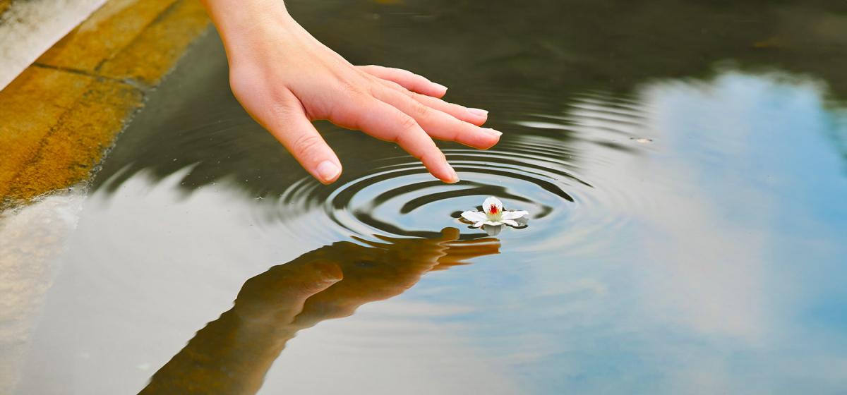 Person gently touching the surface of the water, creating. ripples