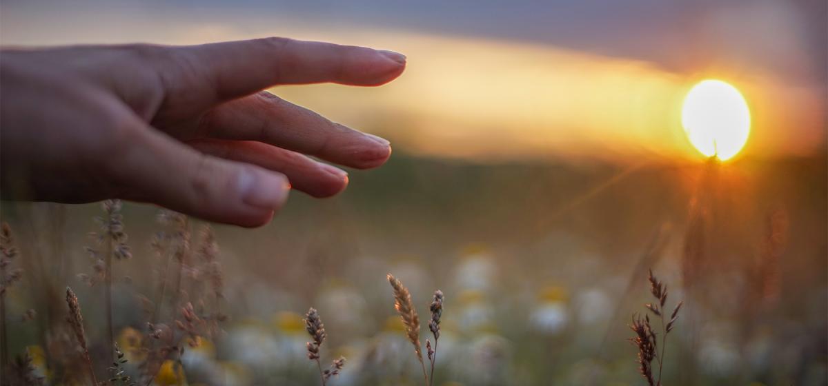 Hand reaching towards the sun