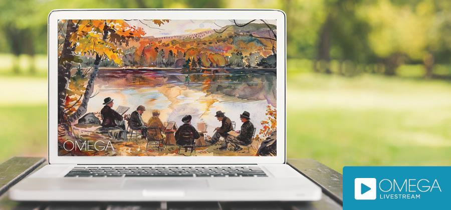 Watercolor image of group of people writing by a lake, on the screen of a laptop outside.