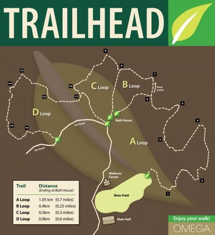 Map of Omega's trails with trailheads clearly marked