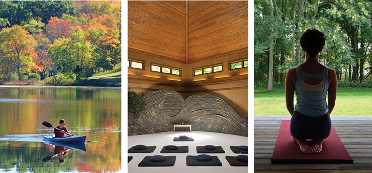 on the lake in autumn, sanctuary interior, person meditating