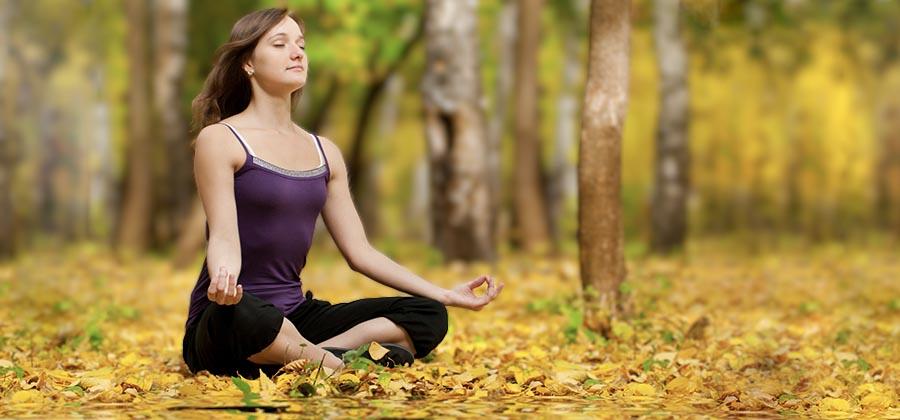 Woman in yoga pose in the forest in the fall