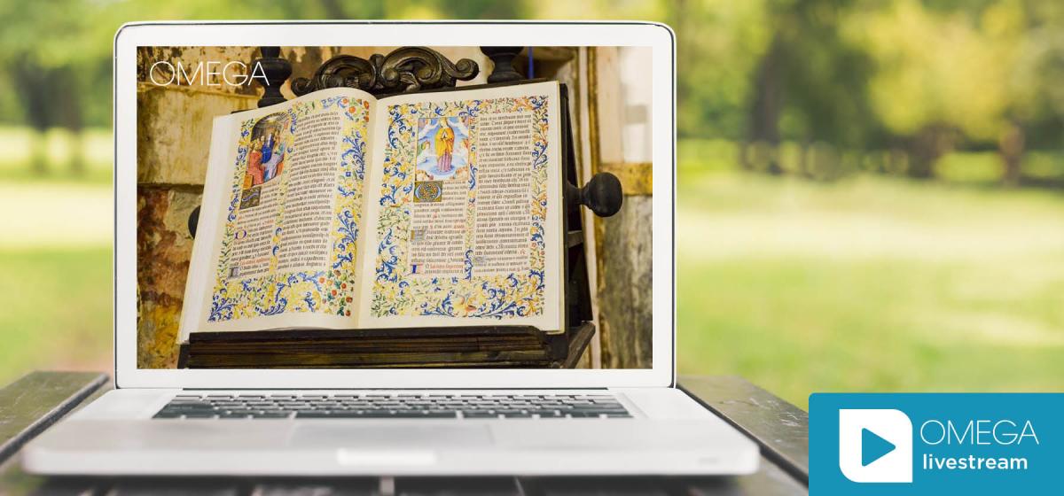 Illuminated medieval bible page on laptop with Omega livestream logo