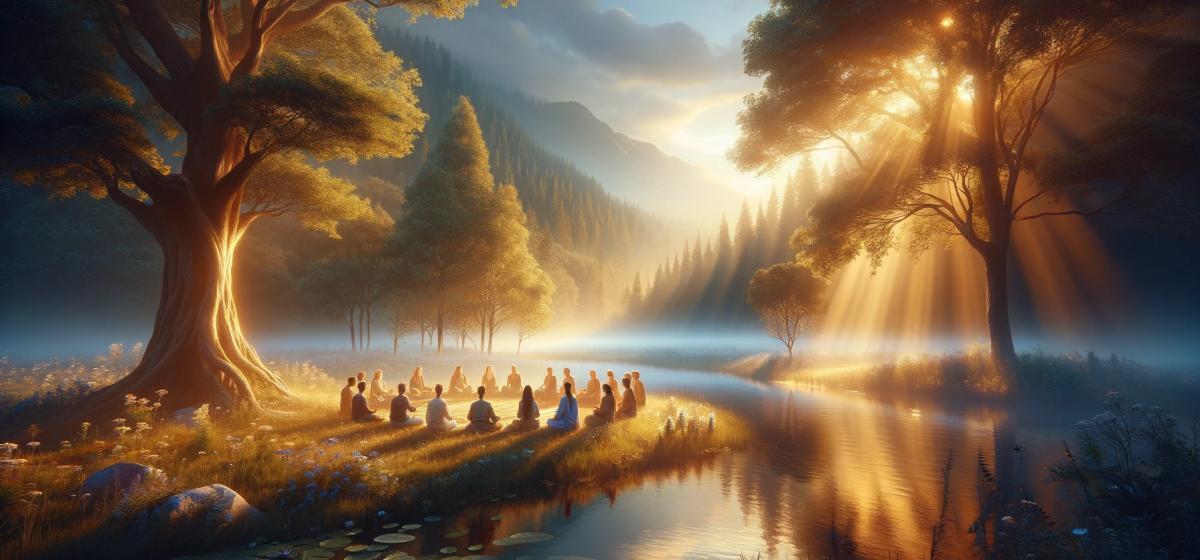 Group of people meditating in a circle by a lake with dramatic light filtering through the trees