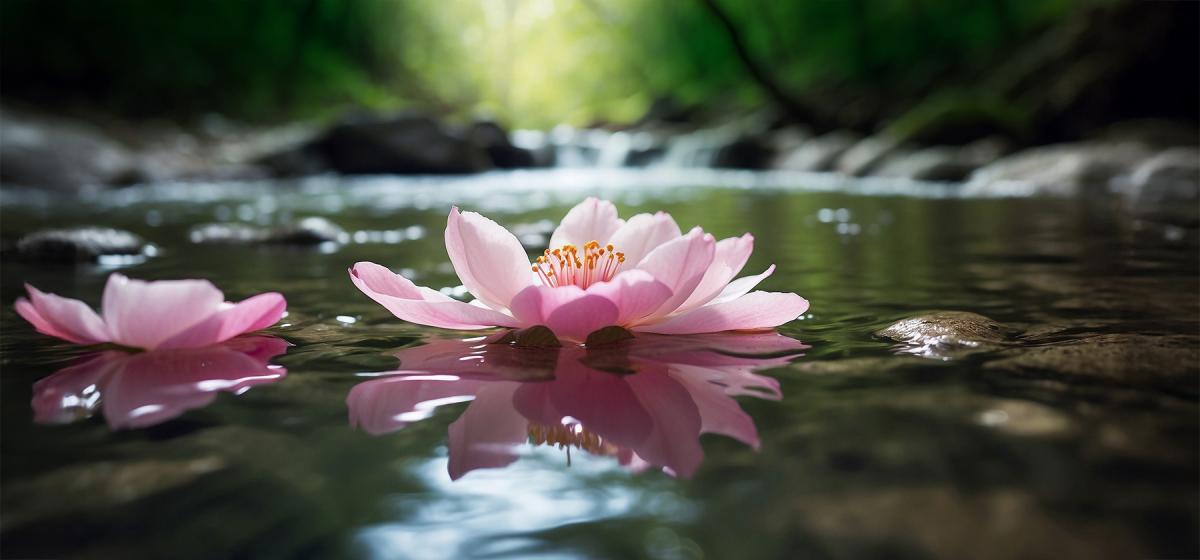 Serene forest pool with lotus flower floating