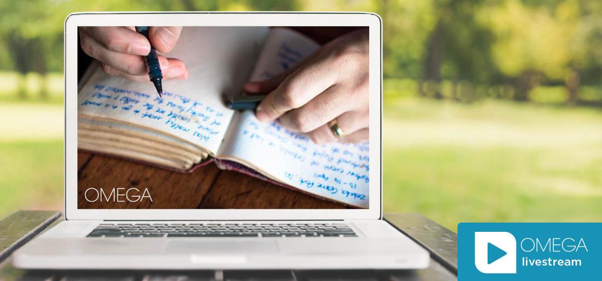 Person writing in notebook on laptop with Omega livestream logo