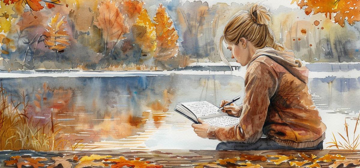 Woman writing next to a lake