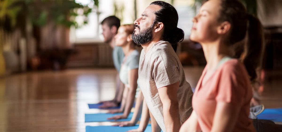 Group of people practicing in yoga studio