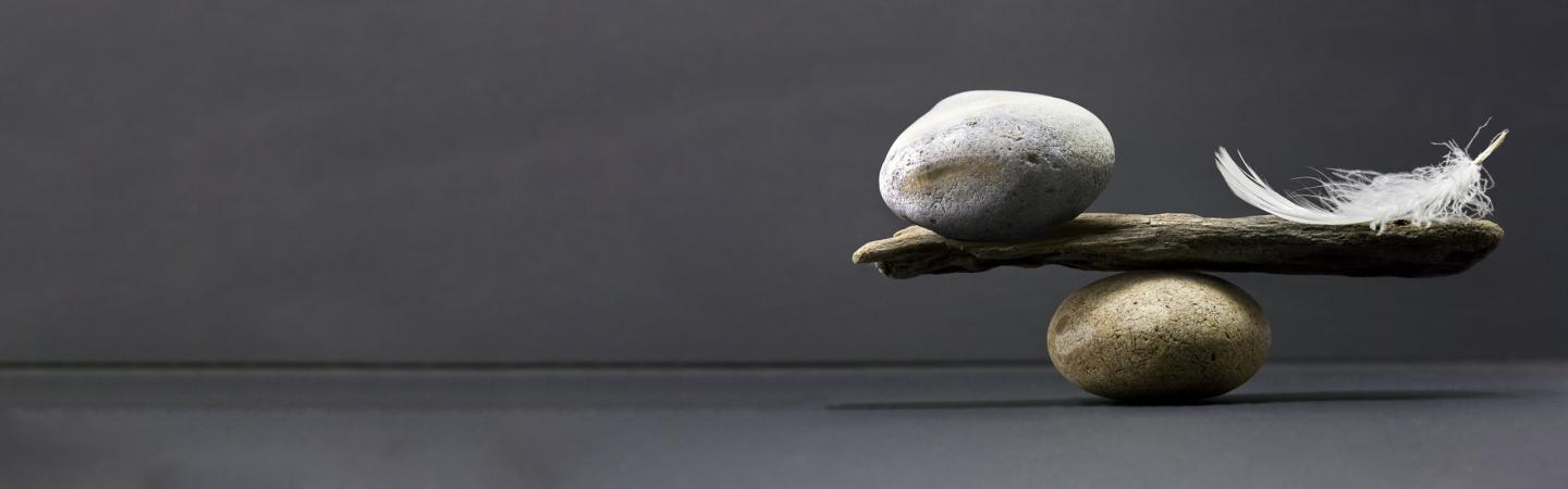 Feather and stone balanced on driftwood over a rock, symbolizing emotional balance, conflict resolution, and staying calm around difficult people.