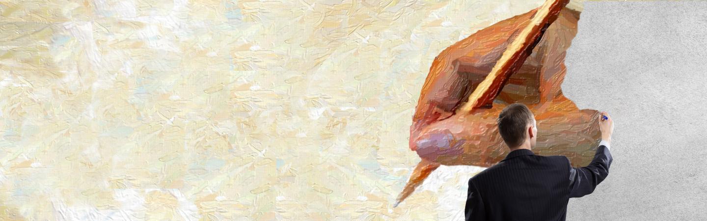 Man in a suit drawing on a wall with a giant hand and pencil illustration, symbolizing self-expression, imagination, and the power of finding your creative outlet.