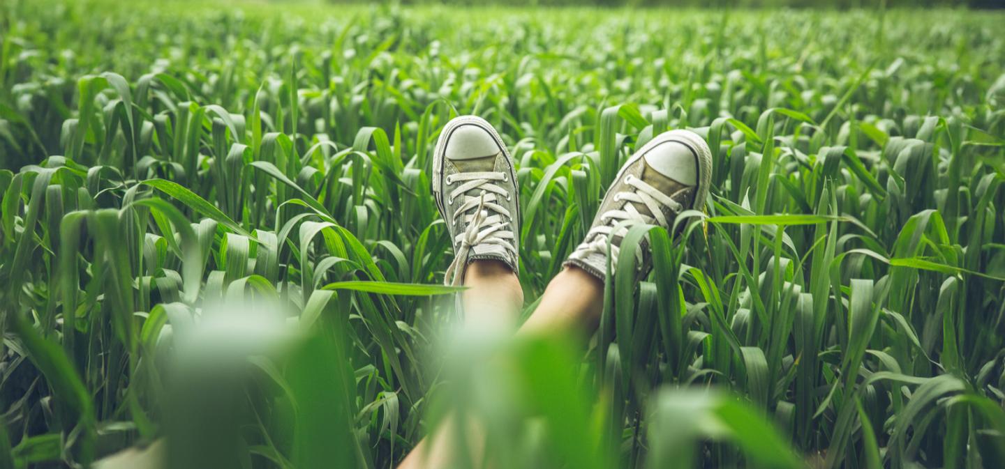 Person relaxing in tall green grass wearing worn canvas sneakers, symbolizing summertime rest, mindfulness, and slowing down.