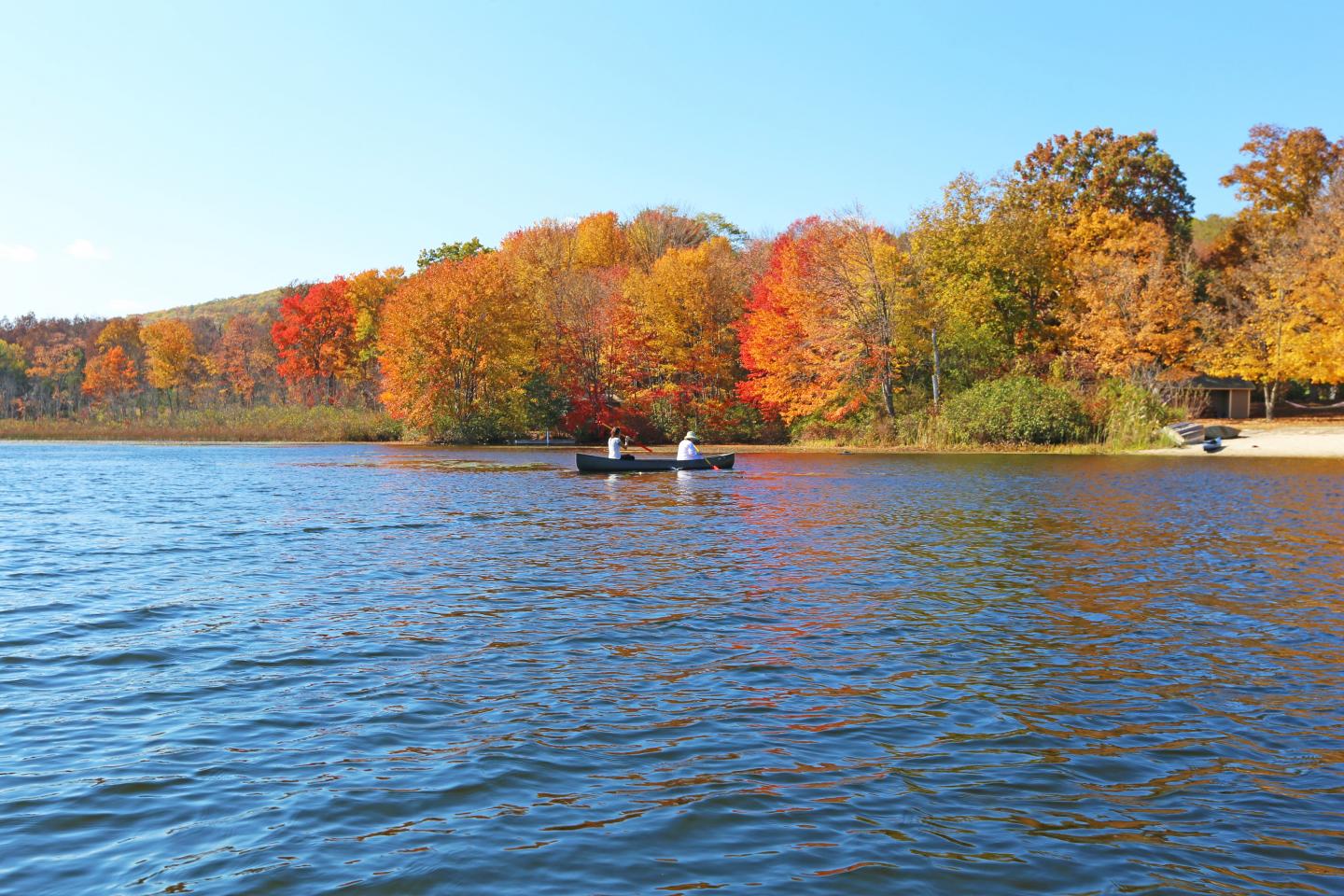 Canoe on Long Pond on a autumn day