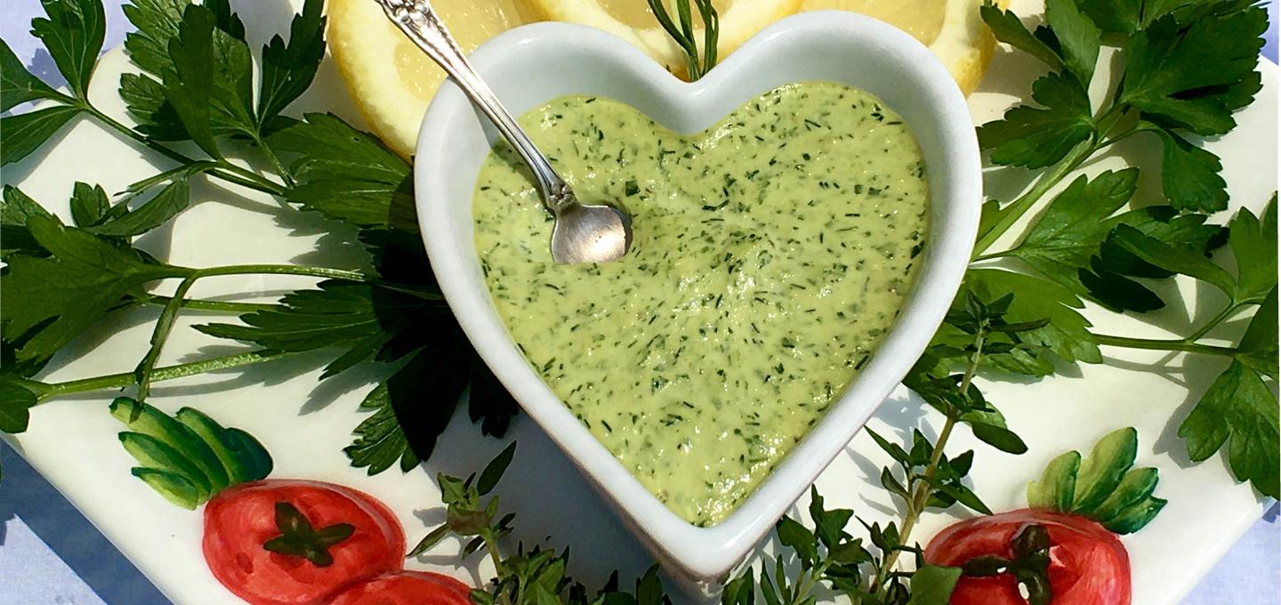 Green Goddess Dressing in a heart-shaped bowl