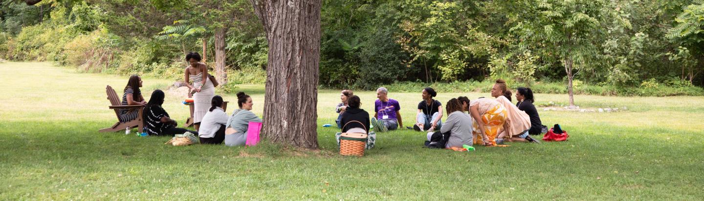 Gathering for discussion around a big tree