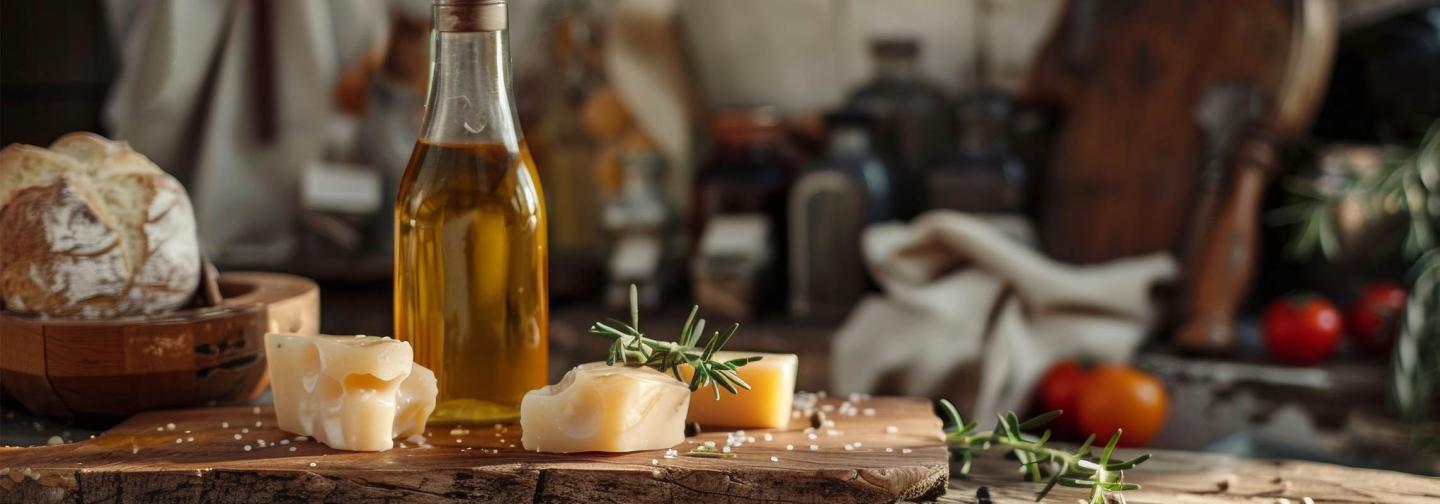 Rustic wooden table with olive oil, artisanal bread, rosemary, and aged cheese—capturing the essence of Leonardo da Vinci's Mediterranean-inspired diet focused on fresh, wholesome, natural foods and healthy fats.