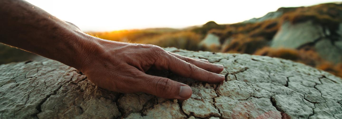 Hand resting on sunlit earth, symbolizing earth-based meditation, mindfulness, and connection with the natural world.