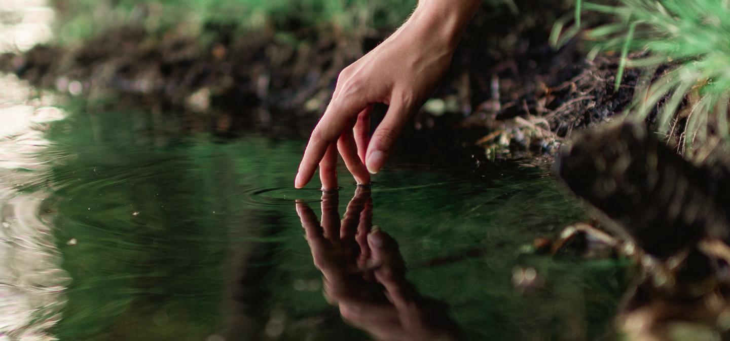 Hand gently touching still water, creating ripples—symbolizing inner awareness, energy sensitivity, and spiritual connection at Omega Institute’s mediumship and intuitive development workshops.