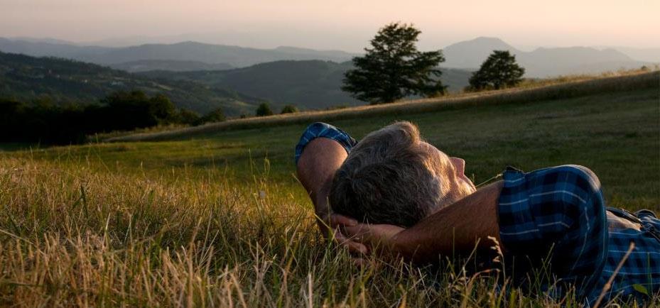 Man relaxing in a field at sunset