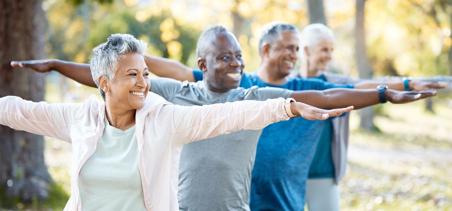 Group of older adults practicing gentle movement and stretching outdoors, supporting healthy aging, mobility, and lifelong vitality