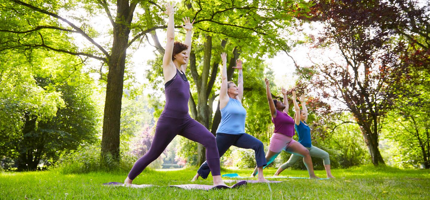 Group of people on a yoga retreat in an outdoor class