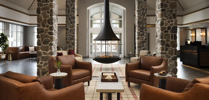 Inn at Bellefield, hanging fireplace in lobby.